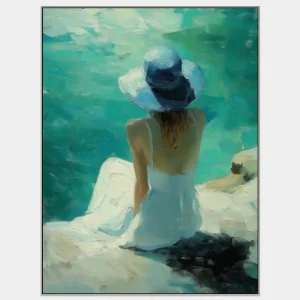 Impresionistický obraz ženy u vody vyzařuje klid a letní pohodu v jemné paletě barev.