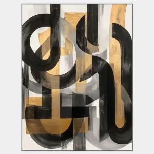 The luxurious abstract painting painted in black and golden strokes looks refined and modern.