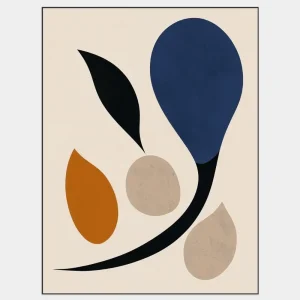 Minimalistisches Bild mit tropfenförmigen Formen in gedeckten Farben und eleganter Komposition.