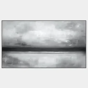 Modern abstract landscape painting in black and white creates a quiet and meditative atmosphere.