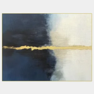 Blue and white abstract painting with a golden line connecting two contrasting parts of the canvas.