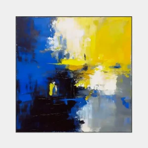 Blue and yellow painting with abstract composition and strong colour contrasts in modern style.