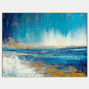 The abstract image of the sea depicts the dynamics of the ocean in intense blue tones.