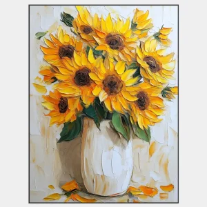 Image of sunflowers in a white vase with realistic strokes and distinctive painting texture