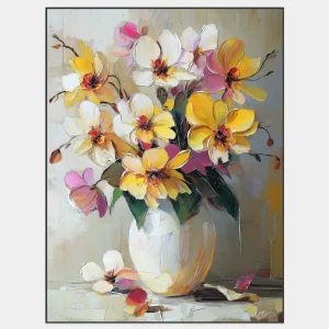 Paintings of flowers in a vase with delicate strokes and vivid colours on a neutral background