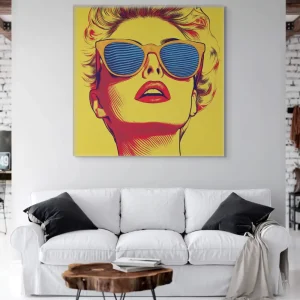 Pop art image of a woman with glasses in retro style and vivid contrasting colours