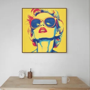 Pop art image of a woman with red glasses in a bold colour contrast