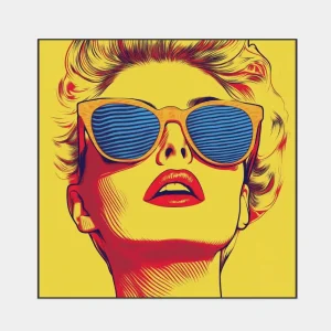 Pop art image of a woman with glasses in retro style and vivid contrasting colours