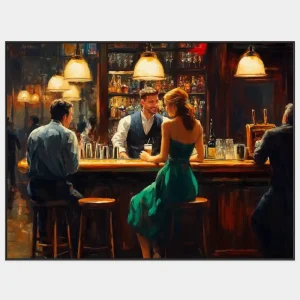 Realistická malba večera v baru s elegantní ženou a barmanem ve světle lamp.