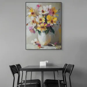 Paintings of flowers in a vase with delicate strokes and vivid colours on a neutral background