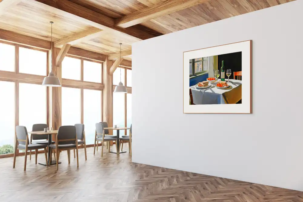 STŮL PRO DVĚ DUŠE - REALISTICKÝ OBRAZ (CRA 606) 4 Ručně malovaný obraz letního stolování s vínem, sendviči a rajčaty