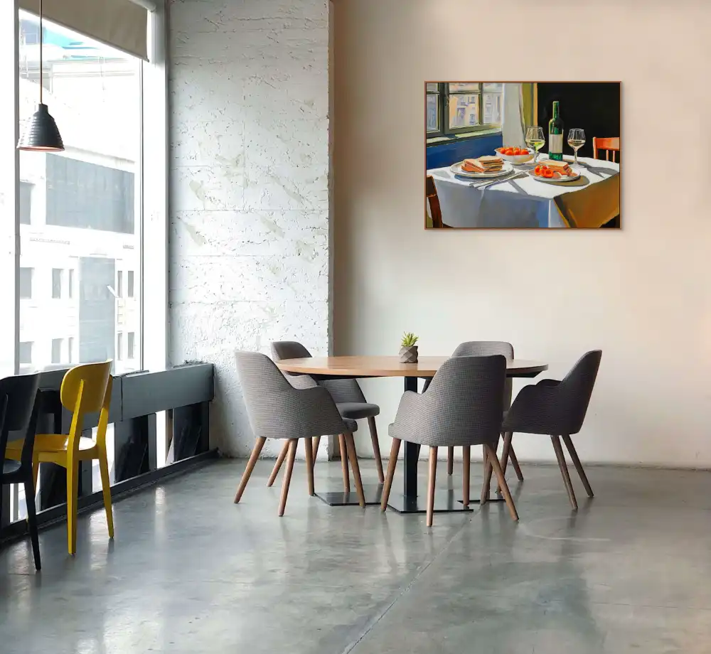 STŮL PRO DVĚ DUŠE - REALISTICKÝ OBRAZ (CRA 606) 6 Ručně malovaný obraz letního stolování s vínem, sendviči a rajčaty
