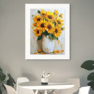 Image of sunflowers in a white vase with realistic strokes and distinctive painting texture