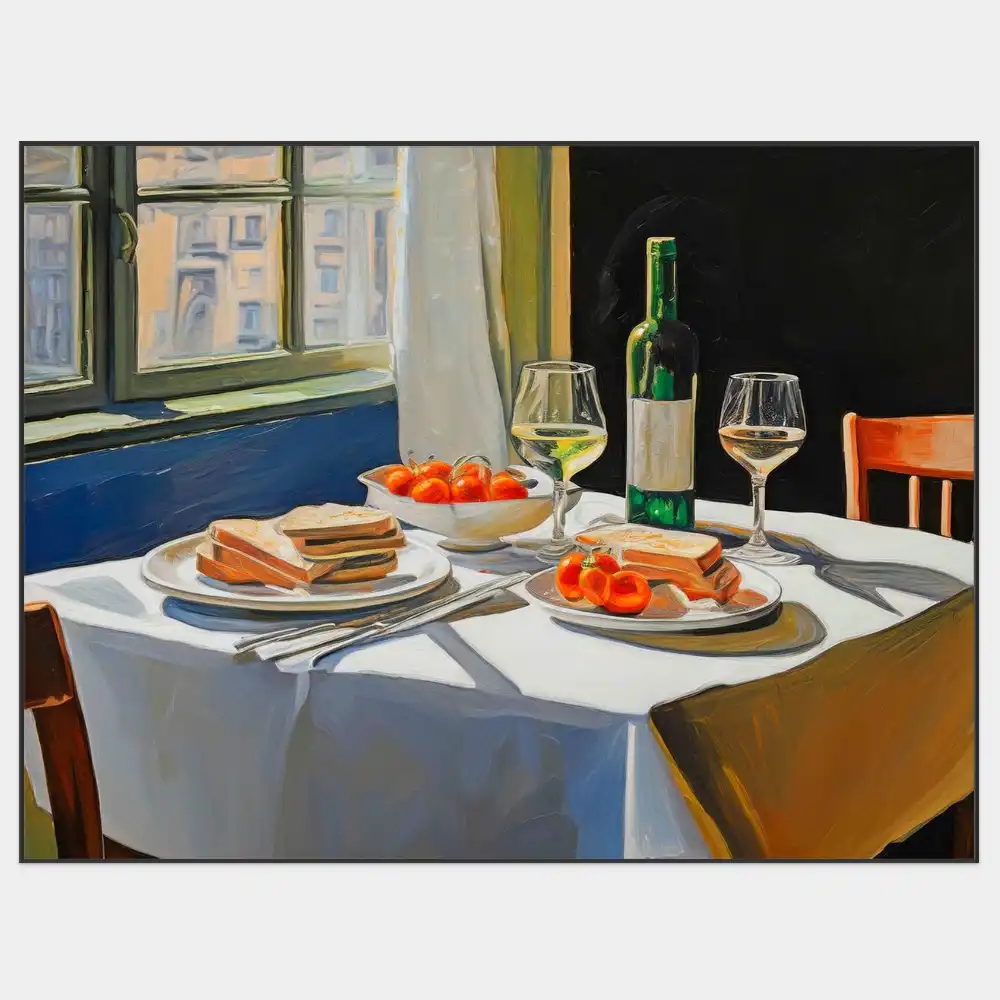 STŮL PRO DVĚ DUŠE - REALISTICKÝ OBRAZ (CRA 606) 1 Ručně malovaný obraz letního stolování s vínem, sendviči a rajčaty