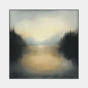 Světlý obraz do interiéru s jemným zobrazením jezera v ranním oparu působí klidně a harmonicky.