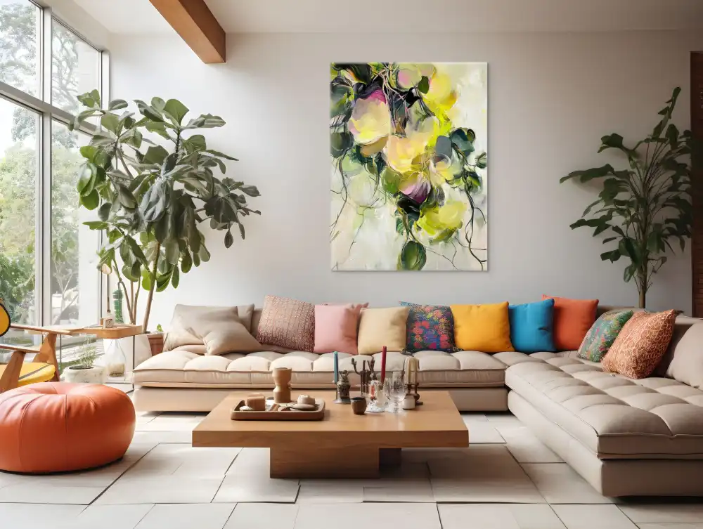 ENERGIE ROZKVĚTU - ABSTRAKTNÍ OBRAZ (FAA 191) 7 Abstraktní malba s květinami v dynamickém rozmístění