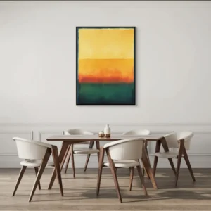 Minimalistický obraz ve žluté, oranžové a tmavě zelené barvě