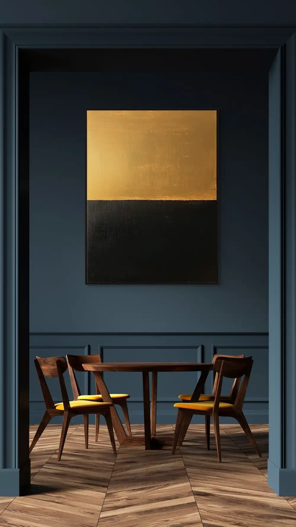 ZLATÁ HRANICE - MINIMALISTICKÝ OBRAZ (BMA 106) 3 Minimalistický geometrický obraz ve zlaté a černé barvě s čistými horizontálními plochami.