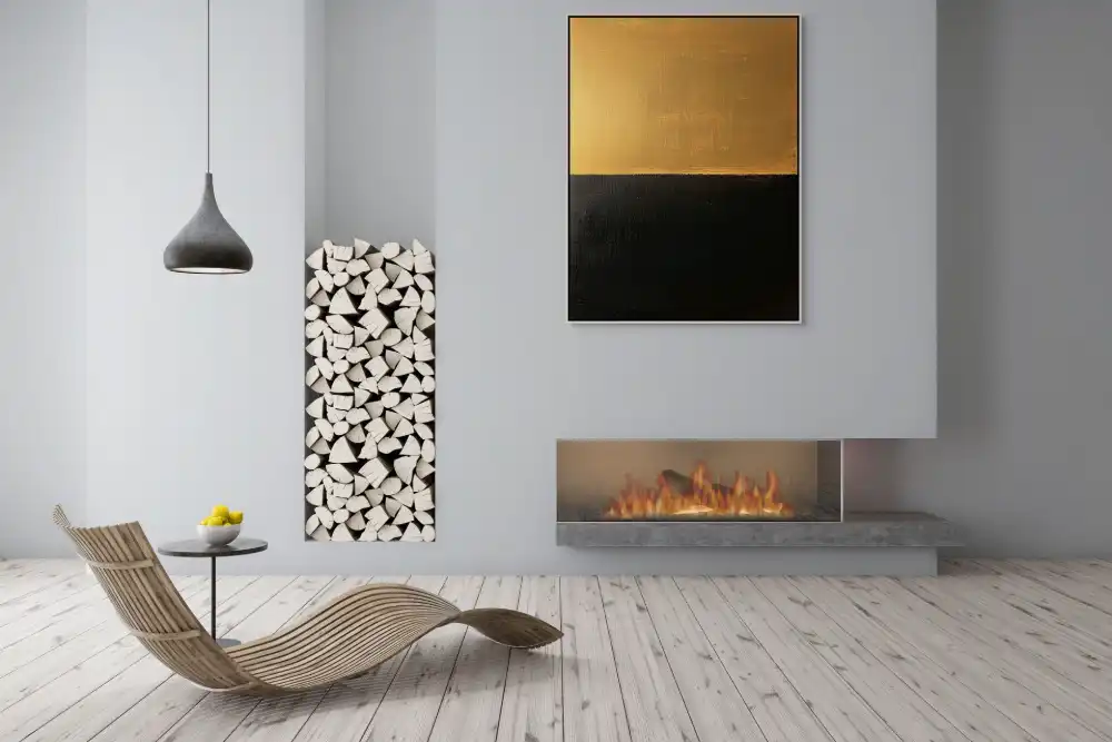 Minimalismus jako dominantní prvek 1 Minimalistický geometrický obraz ve zlaté a černé barvě s čistými horizontálními plochami.