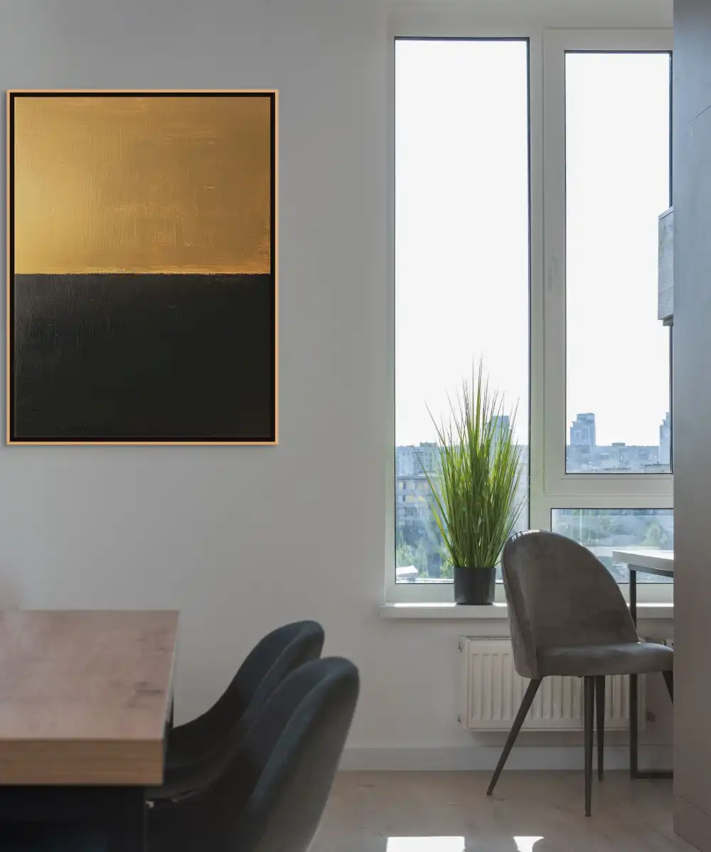 ZLATÁ HRANICE - MINIMALISTICKÝ OBRAZ (BMA 106) 8 Minimalistický geometrický obraz ve zlaté a černé barvě s čistými horizontálními plochami.