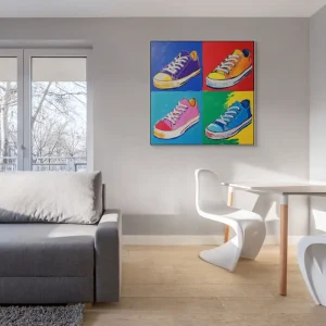 Pop art painting with sneakers in four colour variations