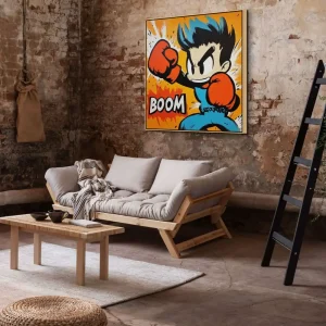 Pop art obraz s boxující postavou a nápisem BOOM