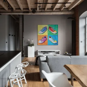 Pop art painting with sneakers on a colourful background