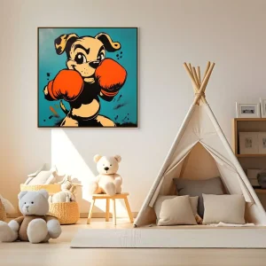 Pop art painting with dog in boxing gloves