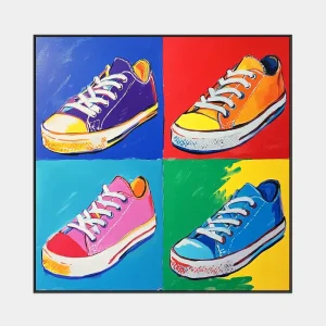 Pop art painting with sneakers in four colour variations