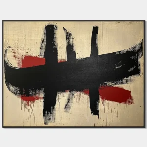 Abstraktní malba s černými tahy a červenými akcenty na světlém pozadí