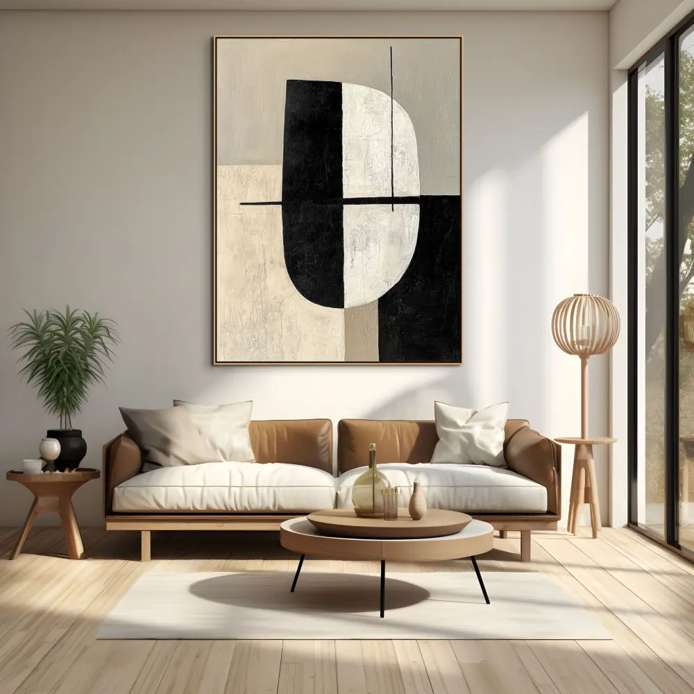 FACE OF GEOMETRY - ABSTRACT IMAGE (AAA 101) 2 Hand-painted abstraction paintings with geometric composition in black and beige palette