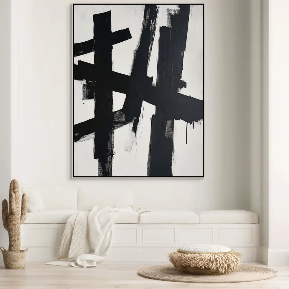 CROSSING OF FORCES - ABSTRACT IMAGE (AAA 102) 2 Abstract paintings in black and white with expressive strokes on white background in modern style