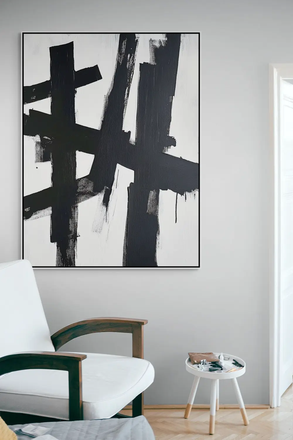 CROSSING OF FORCES - ABSTRACT IMAGE (AAA 102) 3 Abstract paintings in black and white with expressive strokes on white background in modern style