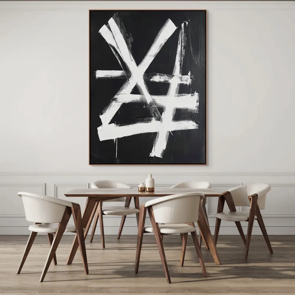 SYMBOLS OF THE NIGHT - ABSTRACT PAINTING (AAA 103) 2 Gestural painting with strong white strokes on black background in expressive style