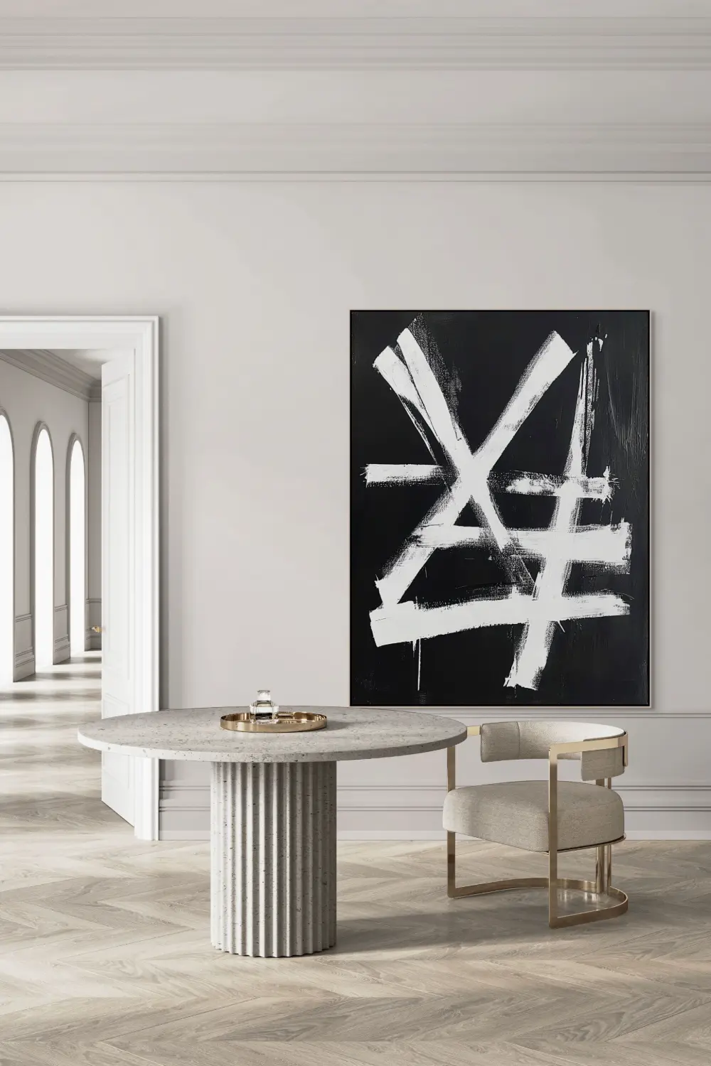 SYMBOLS OF THE NIGHT - ABSTRACT PAINTING (AAA 103) 8 Gestural painting with strong white strokes on black background in expressive style