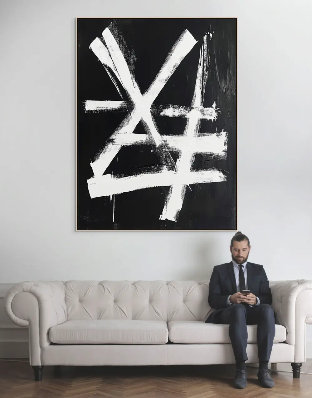 SYMBOLS OF THE NIGHT - ABSTRACT PAINTING (AAA 103) 10 Gestural painting with strong white strokes on black background in expressive style