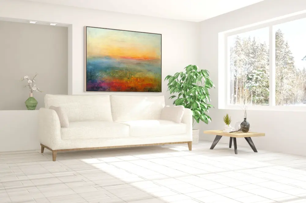 RANNÍ KLID - ABSTRAKTNÍ OBRAZ (AAA 112) 4 Obraz do obýváku s jemným světlem a barevným přechodem v mlžné krajině