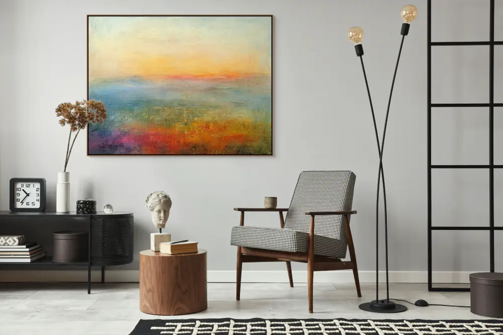 RANNÍ KLID - ABSTRAKTNÍ OBRAZ (AAA 112) 6 Obraz do obýváku s jemným světlem a barevným přechodem v mlžné krajině