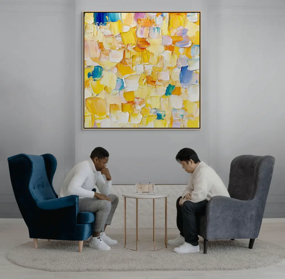 MOZAIKA SLUNEČNÍCH ODSTÍNŮ - ABSTRAKTNÍ OBRAZ (AAA 122) 10 artonline - bedroom paintings with a joyful abstract structure and fine spatula painting