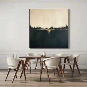 Abstract wall paintings with minimalist black and beige composition and golden line