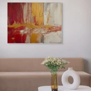 artonline – kolaudační dar v podobě červenobílého a zlatého abstraktního obrazu s bohatou texturou