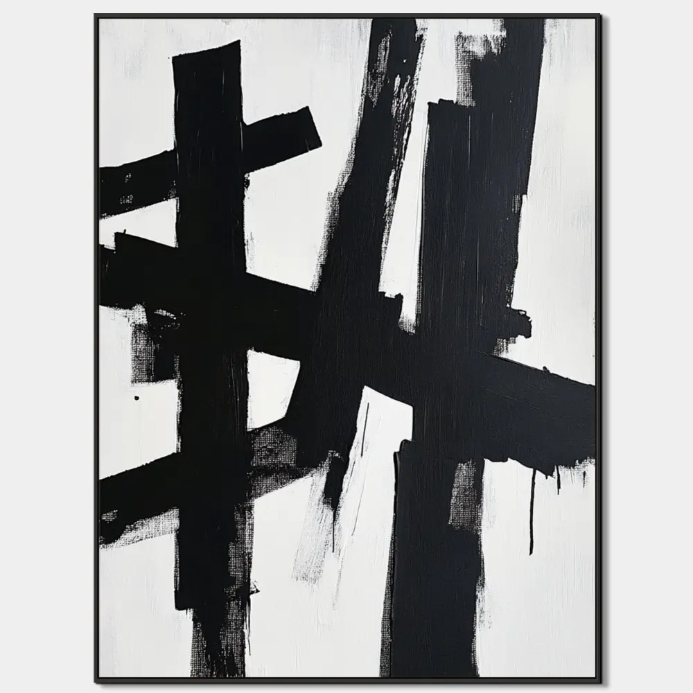 CROSSING OF FORCES - ABSTRACT IMAGE (AAA 102) 1 Abstract paintings in black and white with expressive strokes on white background in modern style