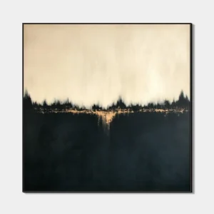 Abstract wall paintings with minimalist black and beige composition and golden line