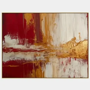 artonline – dekorace do ložnice s abstraktní malbou v červených, bílých a zlatých tónech