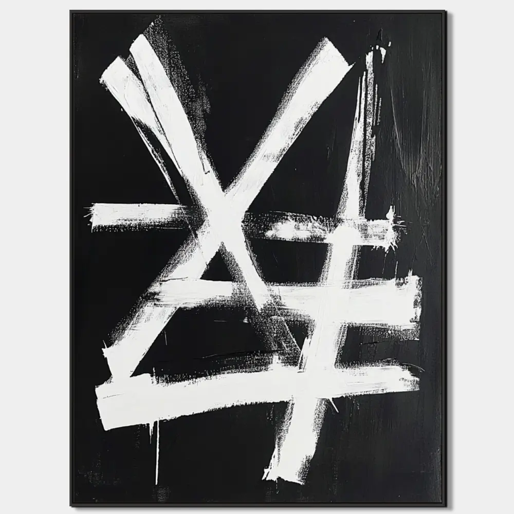 SYMBOLS OF THE NIGHT - ABSTRACT PAINTING (AAA 103) 1 Gestural painting with strong white strokes on black background in expressive style