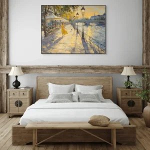 Impressionistic painting with a city promenade and the play of sunlight in warm colours