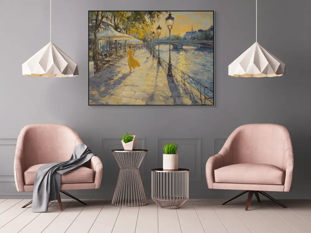 PROCHÁZKA PODÉL SEINY - IMPRESIONISTICKÝ OBRAZ (AIA 314) 4 Impressionistic painting with a city promenade and the play of sunlight in warm colours