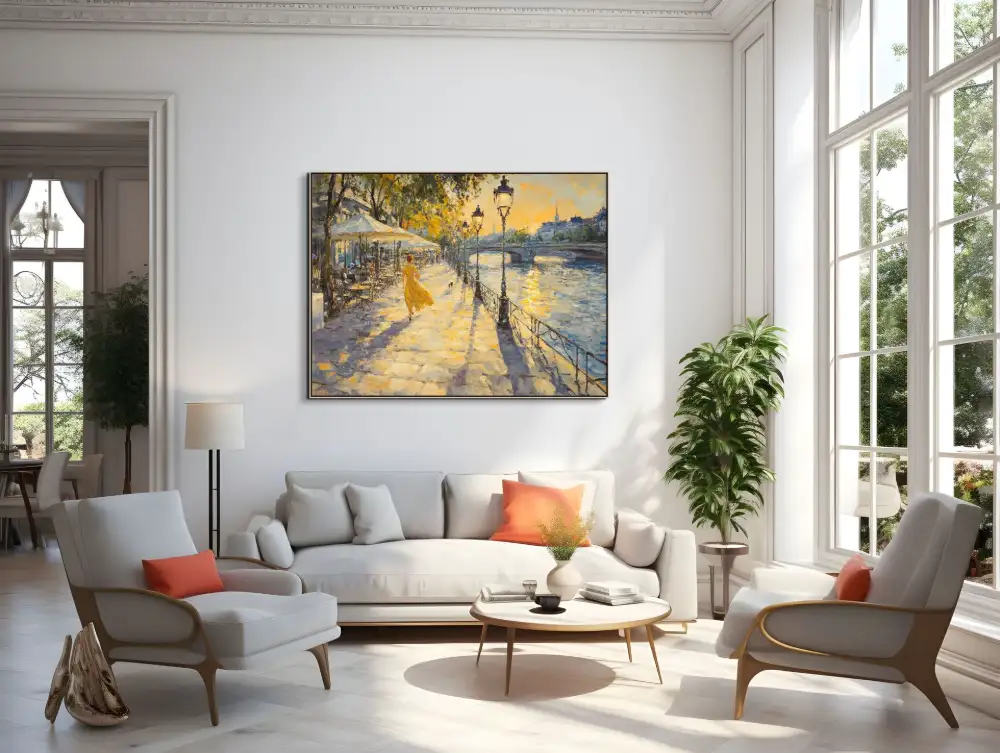 PROCHÁZKA PODÉL SEINY - IMPRESIONISTICKÝ OBRAZ (AIA 314) 8 Impressionistic painting with a city promenade and the play of sunlight in warm colours