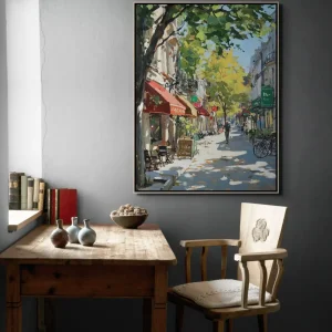 Painted paintings depict a city street in sunlight in impressionist style