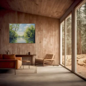 Landscape images with green trees and river under blue sky